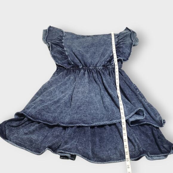 White Birch Acid Wash Denim Ruffle Tiered Flutter Mini Dress XL Layered Grunge - Picture 10 of 12